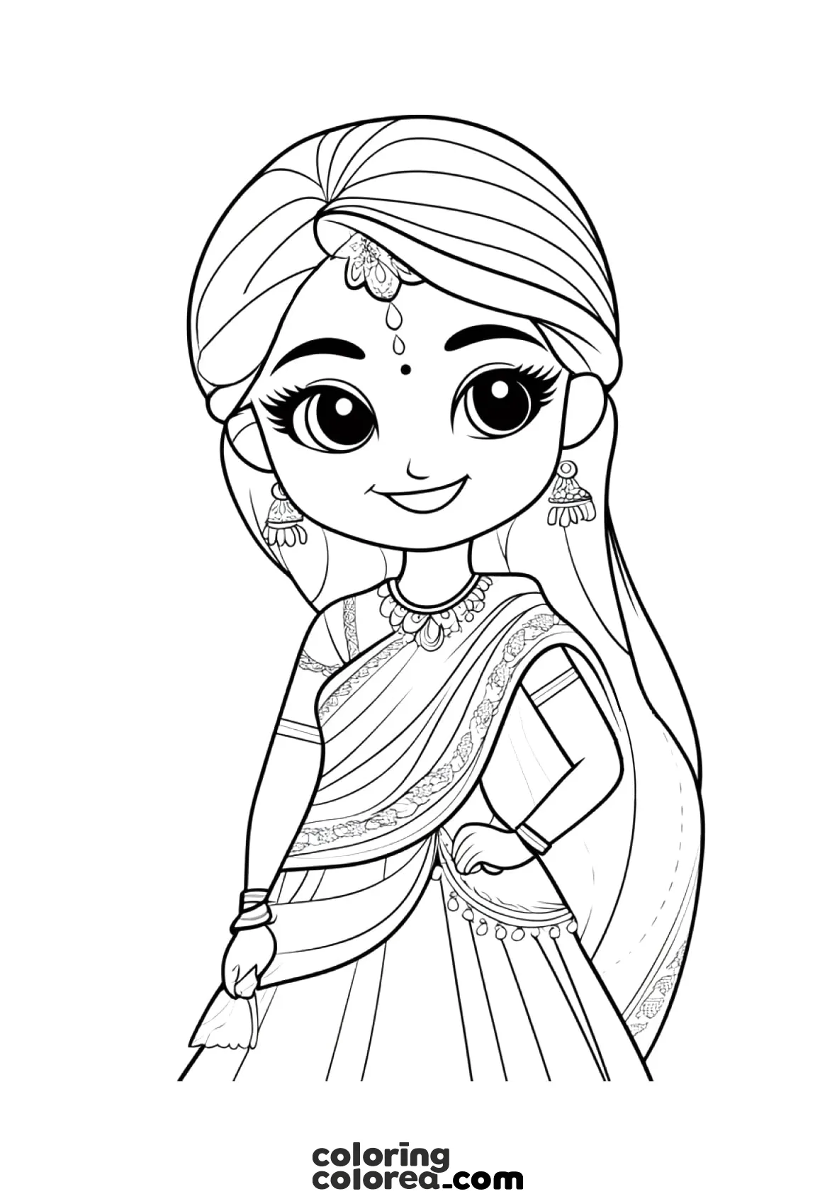 Dibujo para colorear de una joven mujer hindú, tal vez una princesa