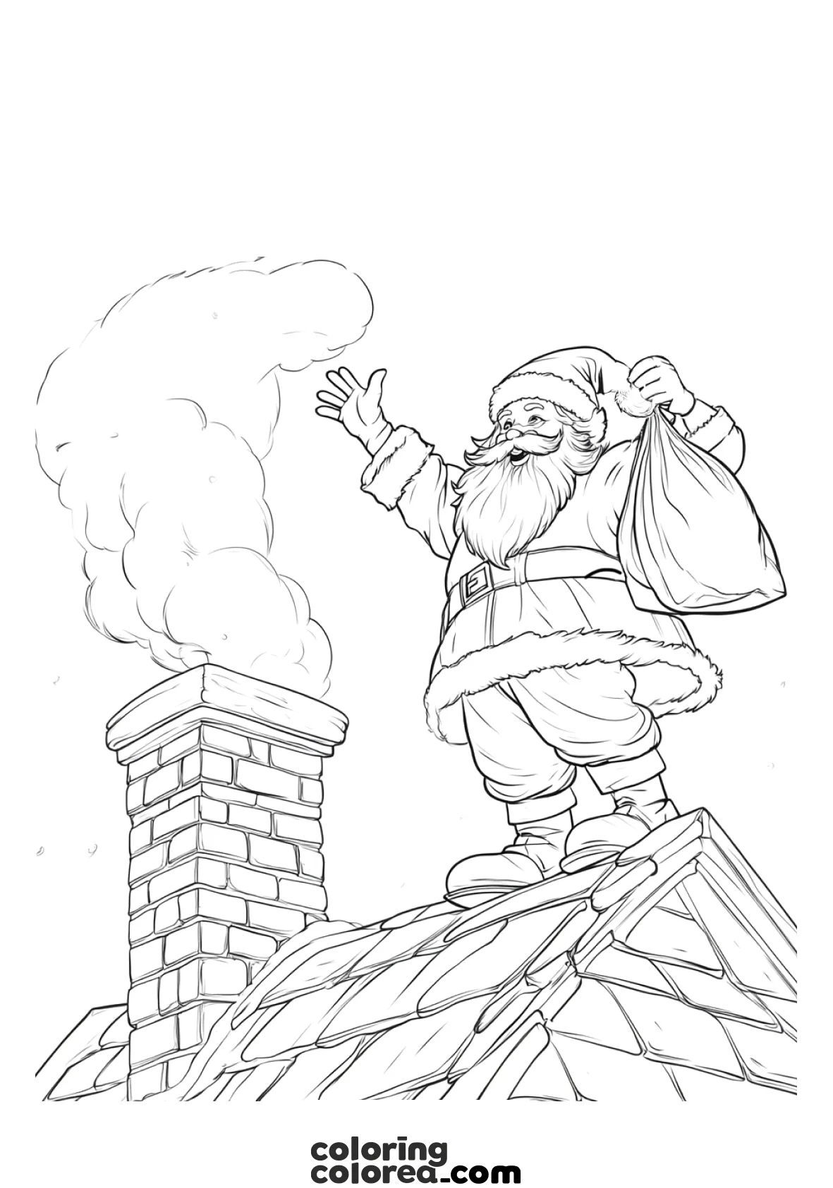 Dibujo para colorear de Papá Noel en el tejado con un gran saco lleno de regalos