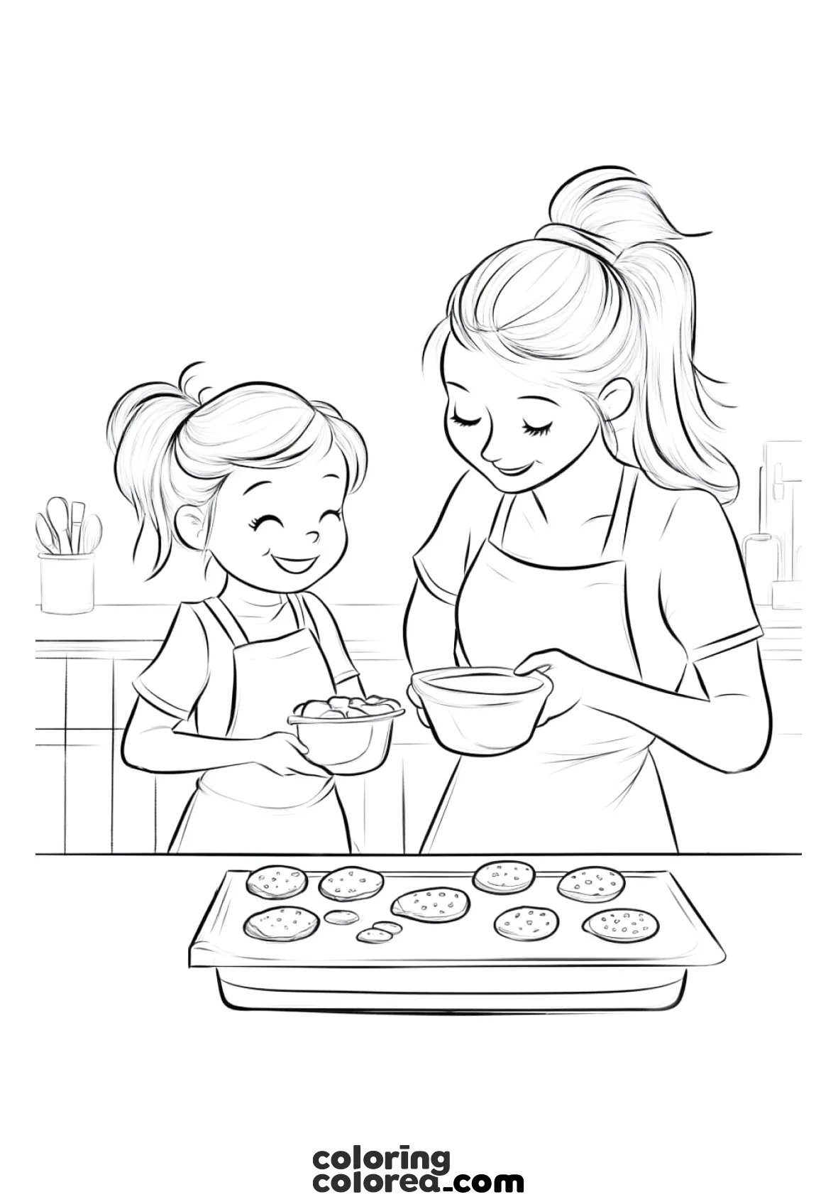 Dibujo para colorear de una madre y su hija horneando galletas