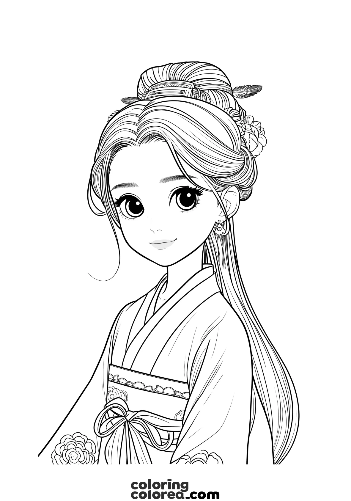 Dibujo para colorear de una princesa asiática, de Japón