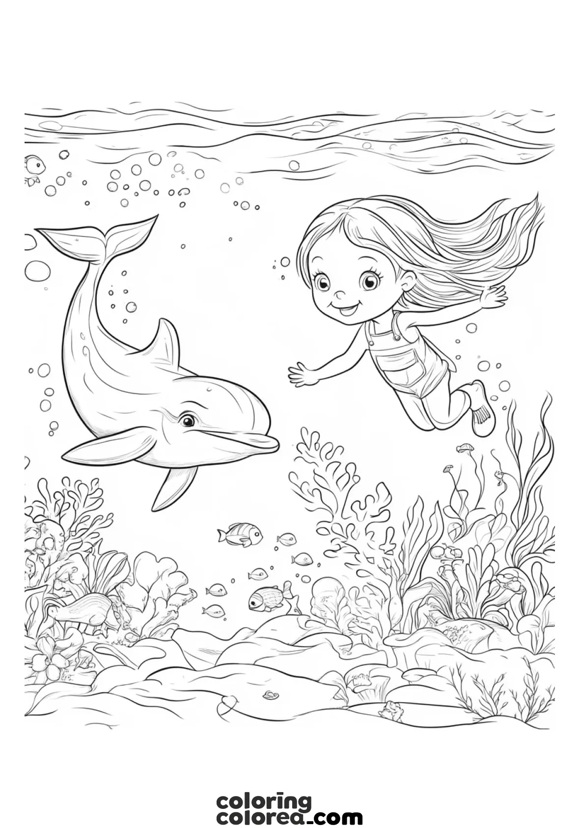 Dibujo para colorear de una niña nadando con un delfín