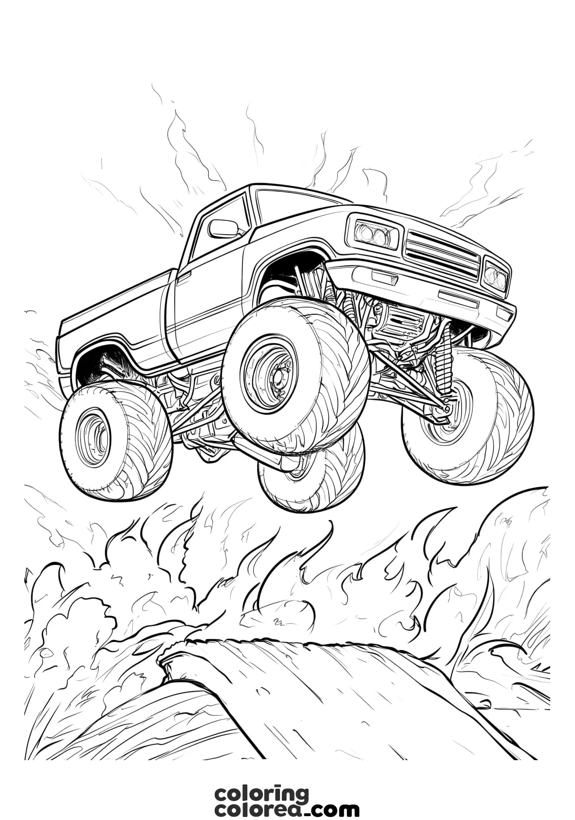 Dibujo para colorear de un monster truck saltando sobre fuego