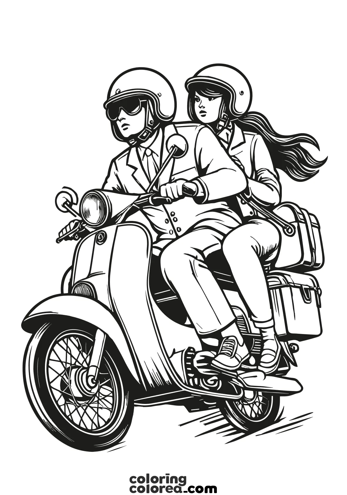 Dibujo para colorear de una mítica imagen de una moto Vespa viajando con dos personas