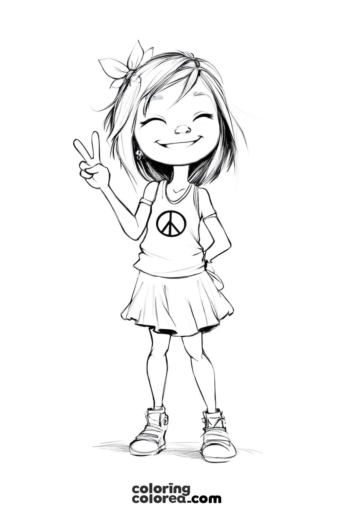 Dibujo para colorear sobre la paz. Una chica con una camiseta con el símbolo de la paz