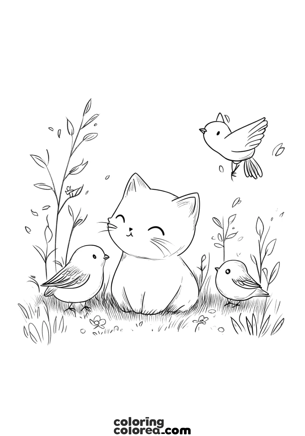Dibujo para colorear de un gatito y sus amigos los pájaros