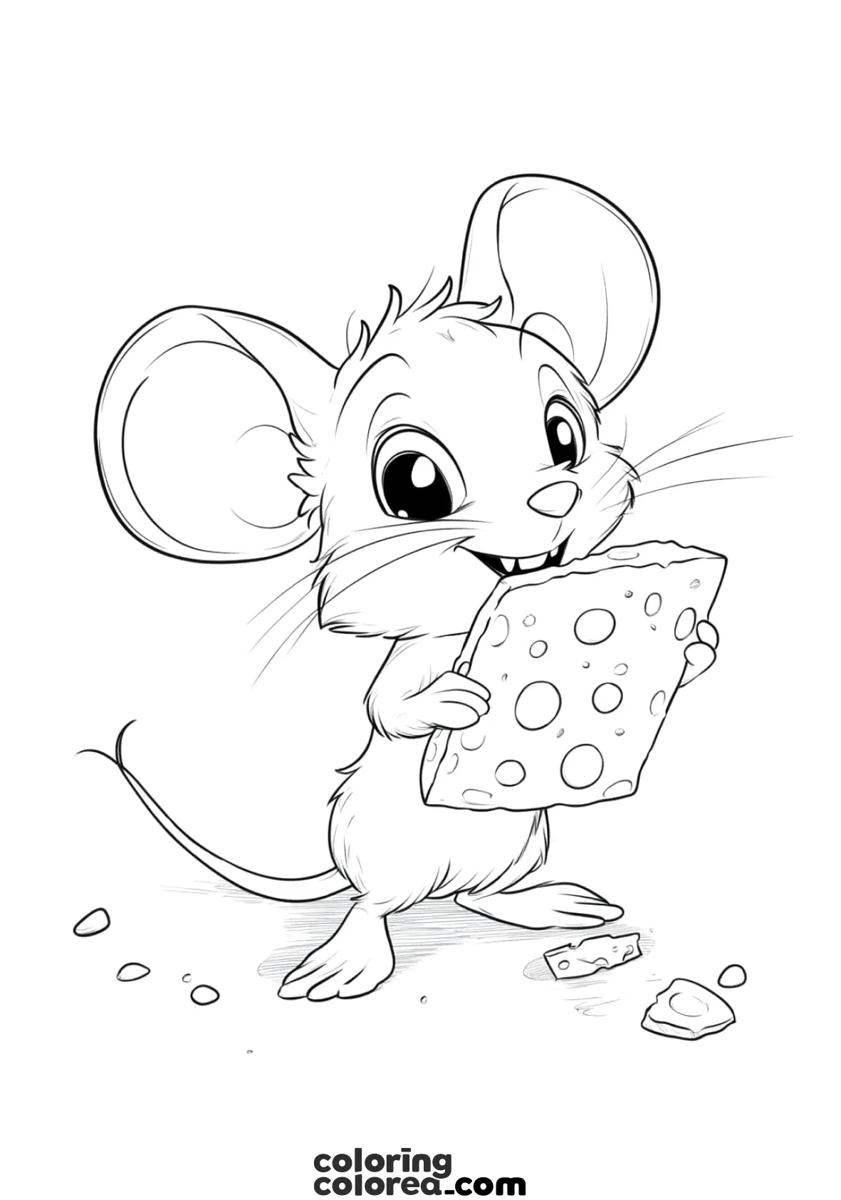 Dibujo para colorear de un ratón que ha robado un trozo de queso