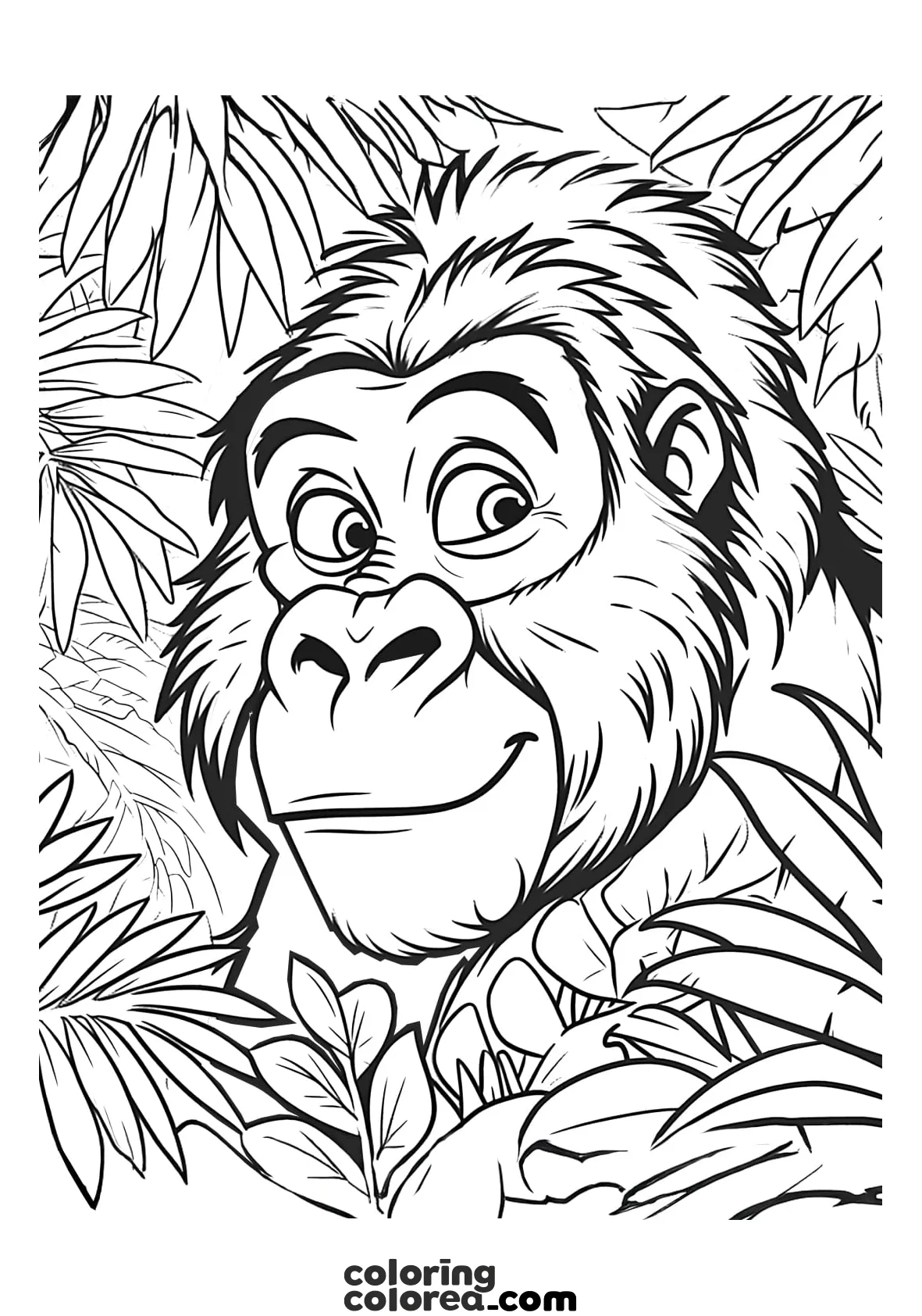 Dibujo para colorear de un Gorila entre hojas de la Selva