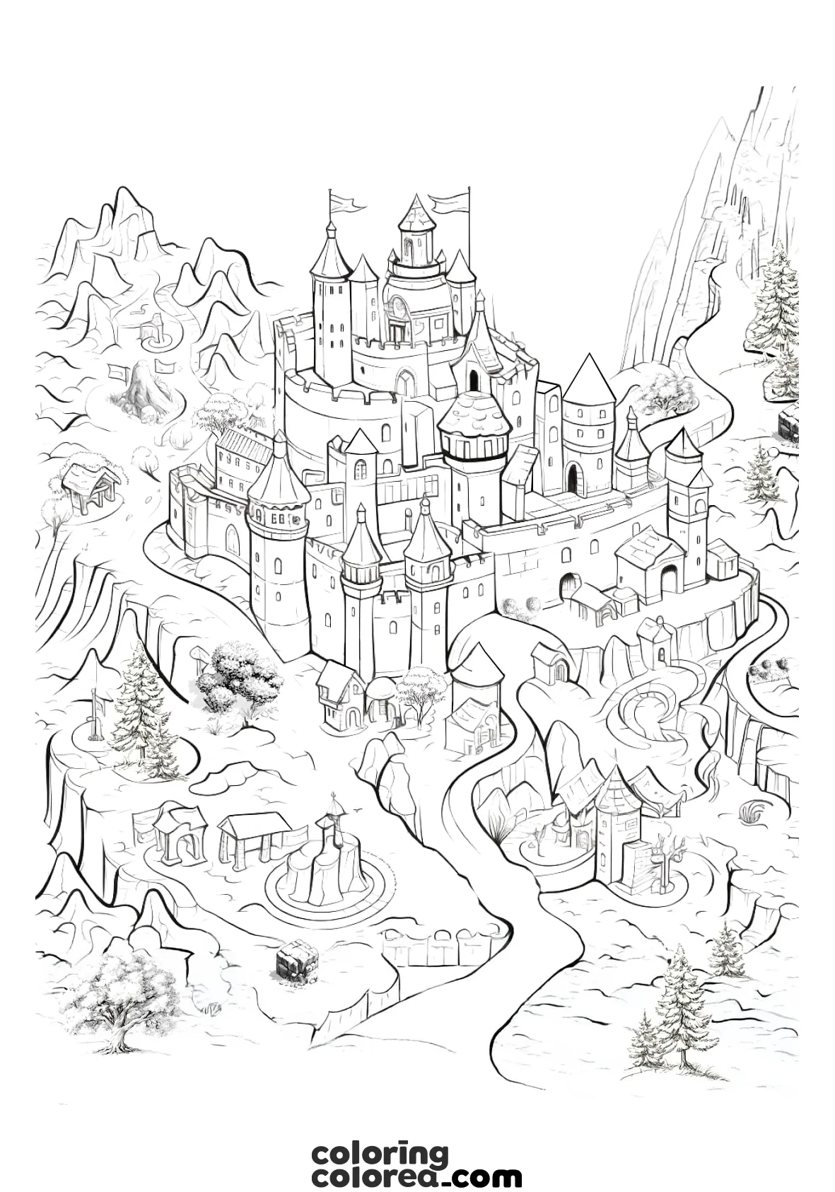 Dibujo para colorear de un castillo y su poblado