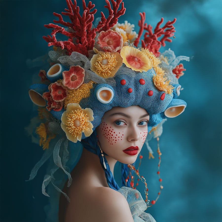 Imagen generada por Inteligencia artificial de un peinado creativo inspirado en el coral y el fondo del mar