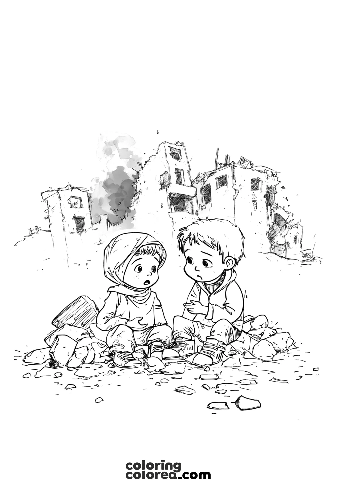 Dibujo para colorear y pensar sobre la Guerra.Dos niños, hermanos conversan con las ruinas de fondo