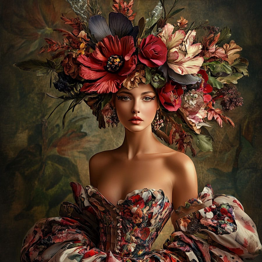 Imagen de una mujer con un creativo peinado de inspiración floral
