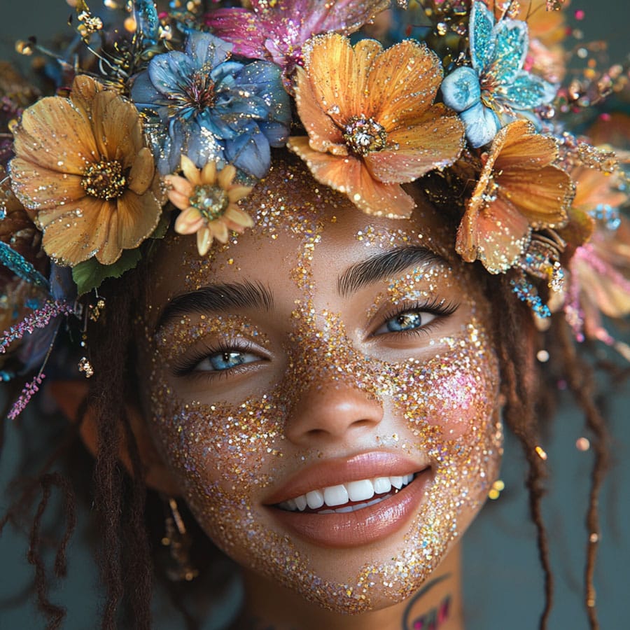 Imagen generada con IA de una mujer con un peinado creativo de inspiración floral tropical