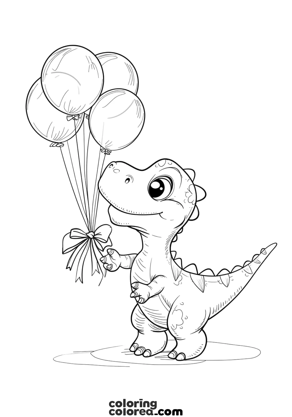 Dibujo para colorear de un pequeño dinosaurio bebe Tiranosaurio con varios globos
