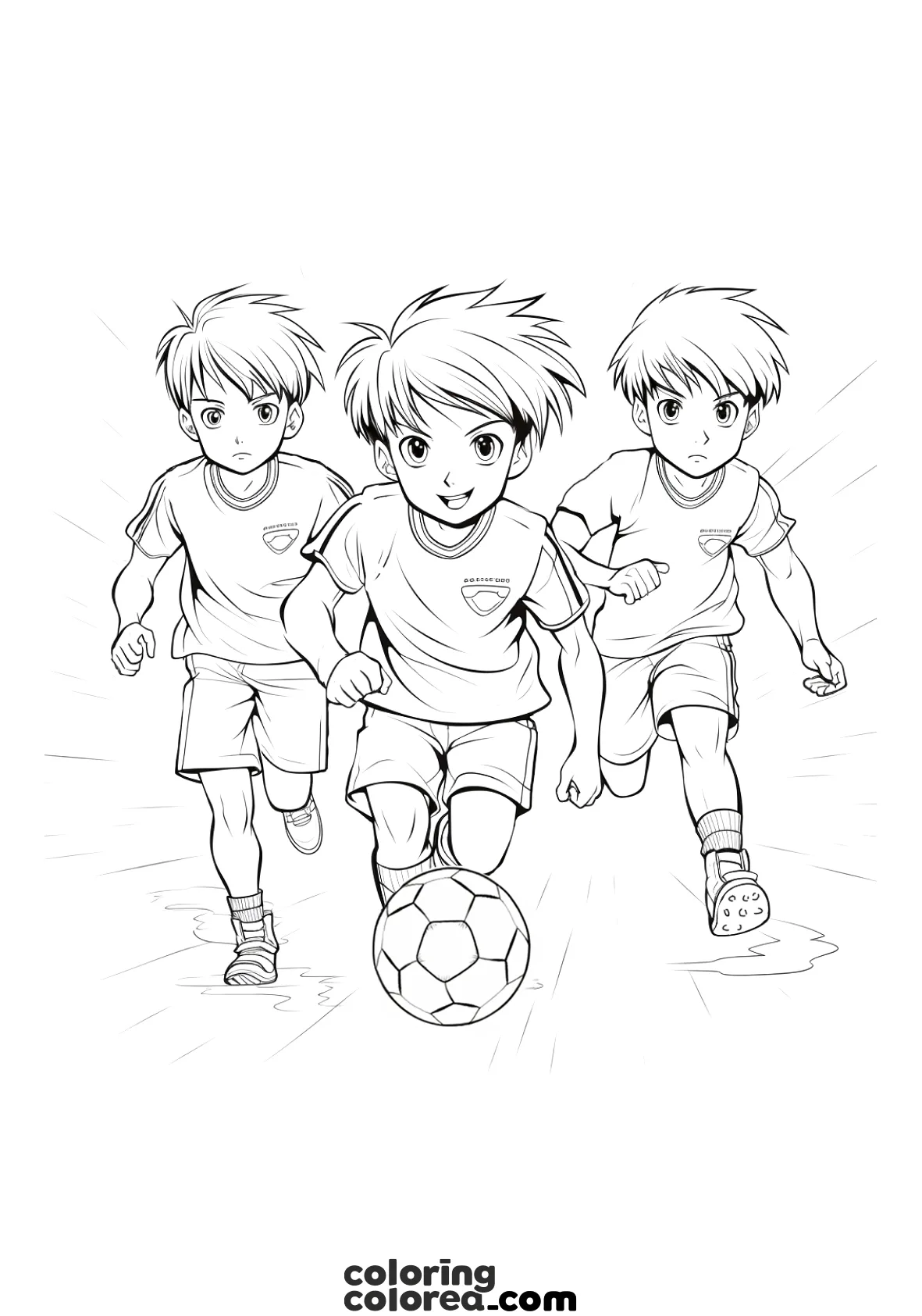 Dibujo para colorear de tres niños jugando al fútbol, corriendo al ataque tras el balón
