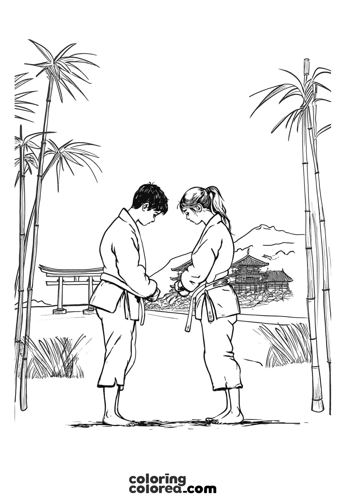 Dibujo para colorear de dos personas haciendo el saludo previo en artes marciales