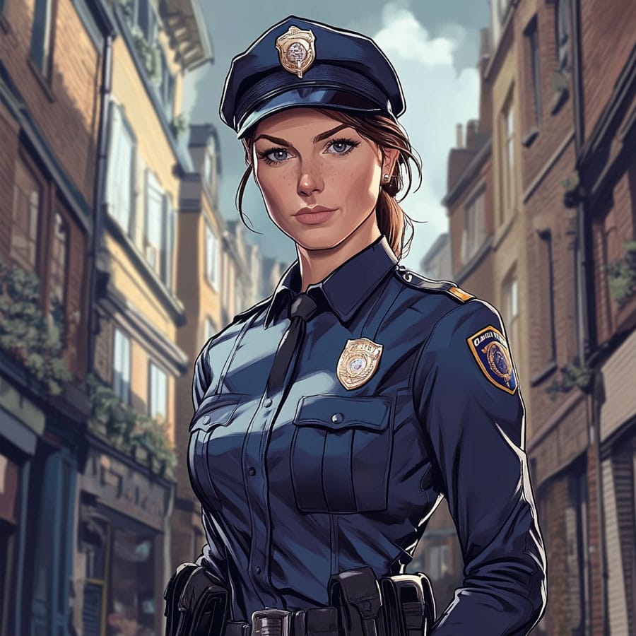 Dibujo de una mujer Policía en la calle