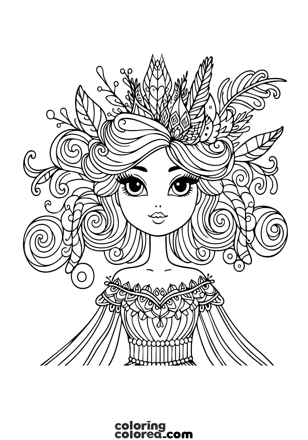 Dibujo para colorear anti stress, de una mujer con un peinado con inspiración de aves. Colección relax