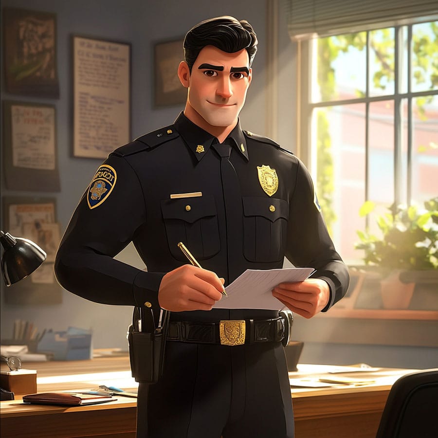 Ilustración de un policia en comisaria