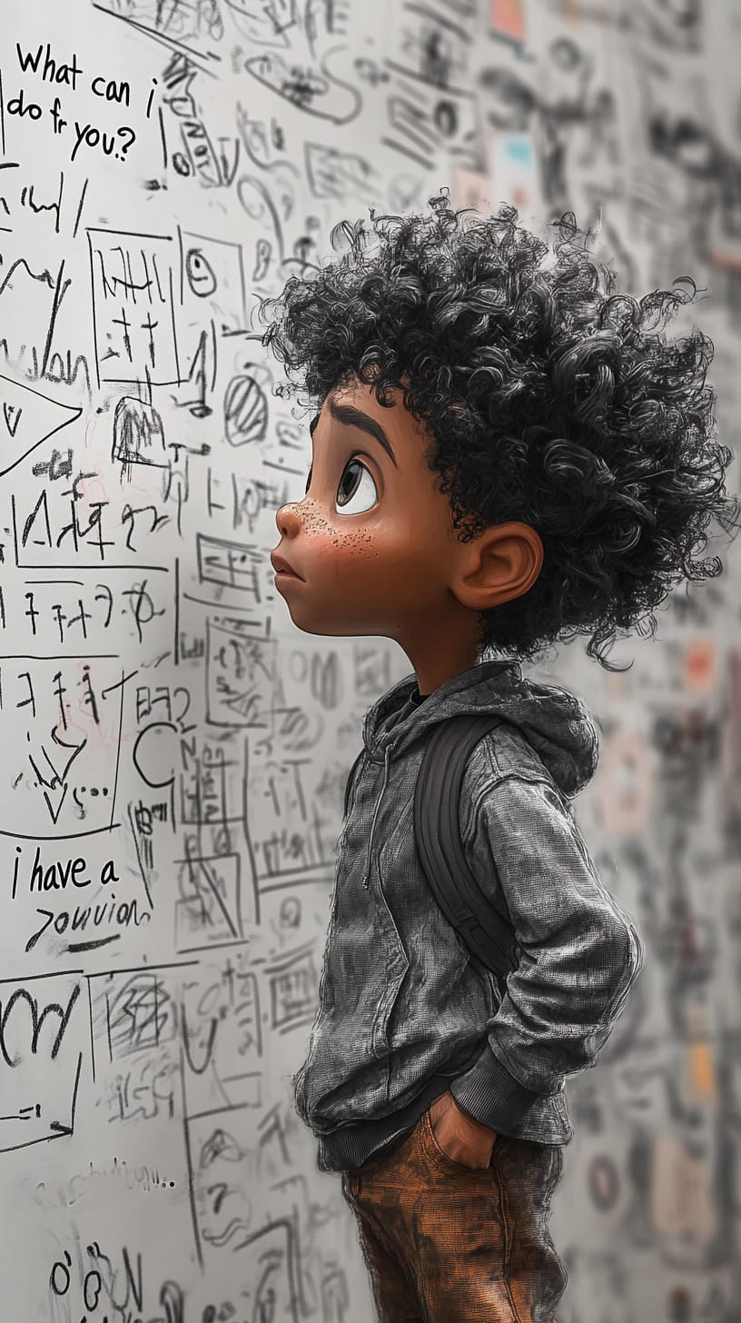 Dibujo para colorear: Supporting reading comprehension in mathematics A child stares lost at a wall with formulas and cryptic data.