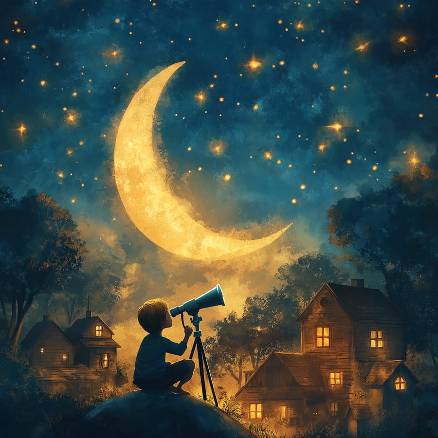 Ilustración de un niño observando las estrellas