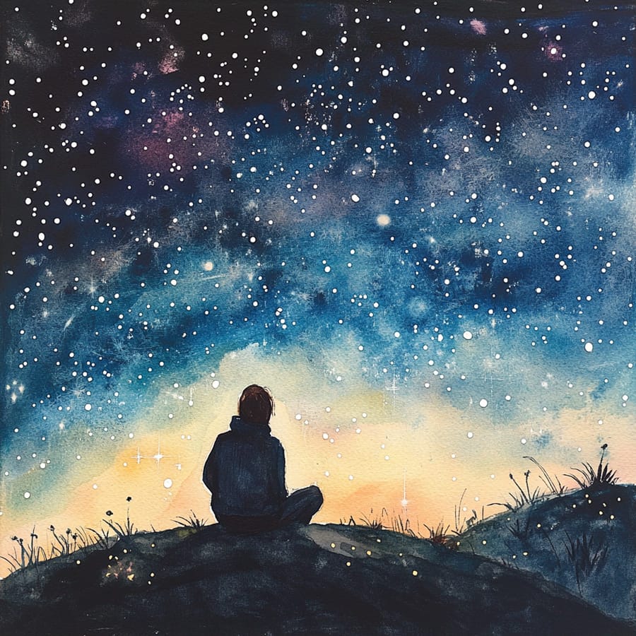 Dibujo de una persona observando el firmamento - estrellas