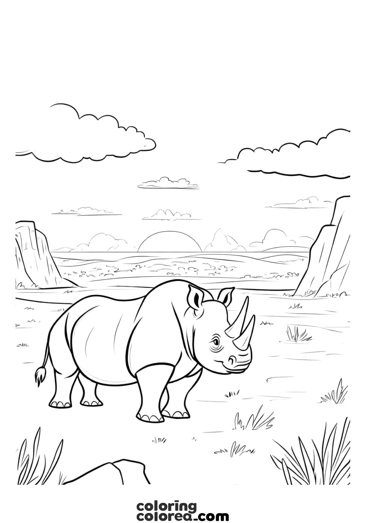 Dibujo para colorear de un rinoceronte adulto en la Sabana Africana