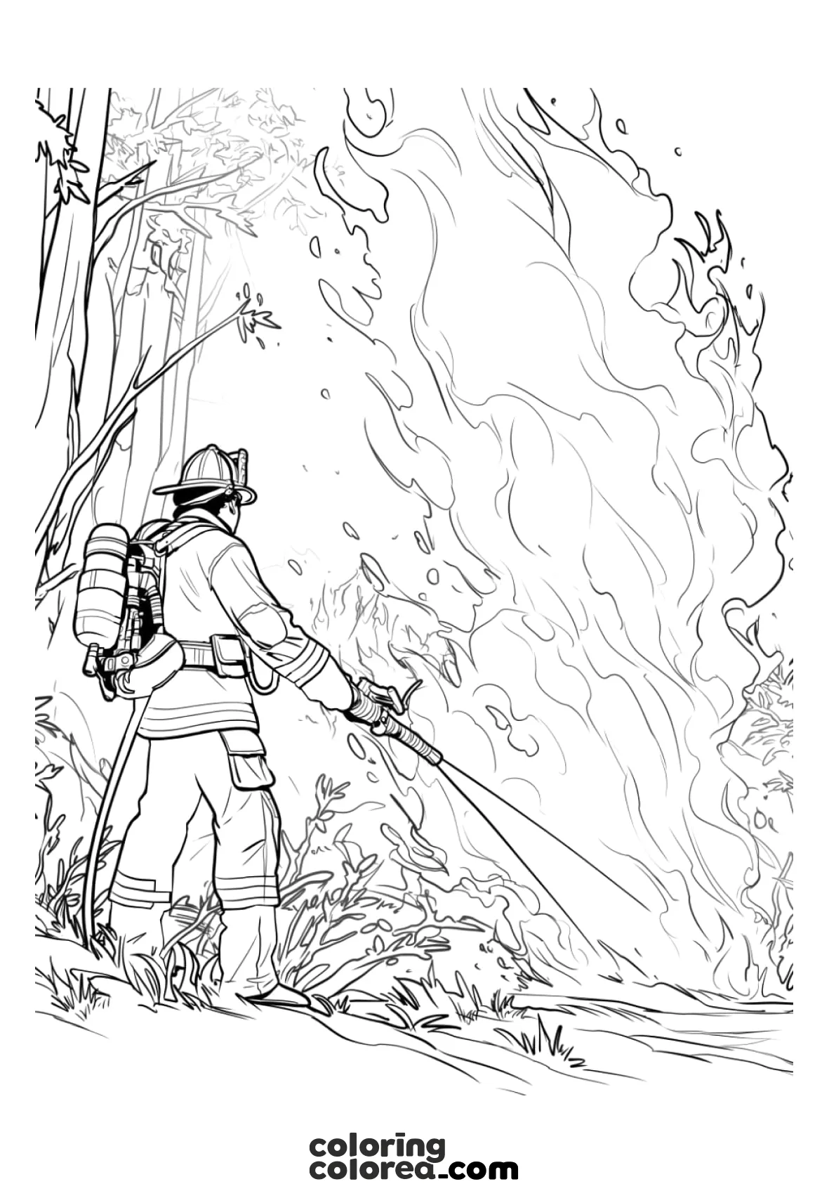 Dibujo de un bombero luchando contra el fuego