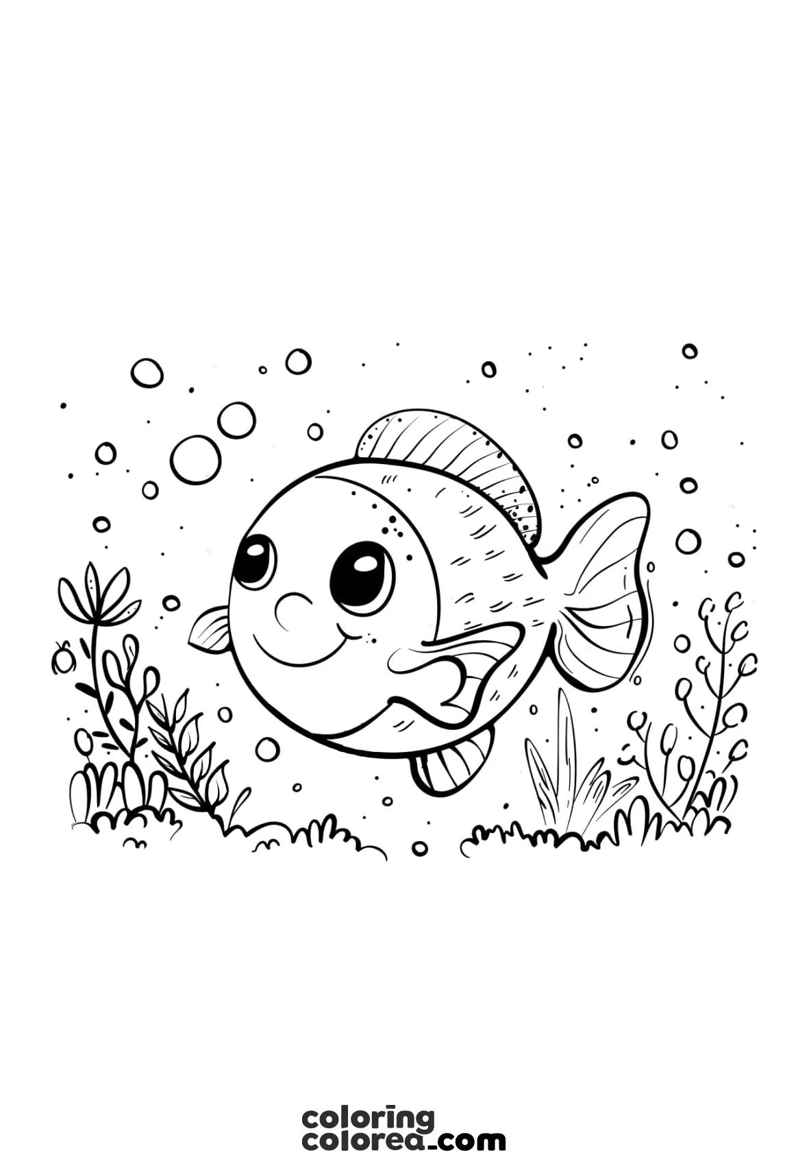 Dibujo para colorear de un pez explorando el fondo del mar