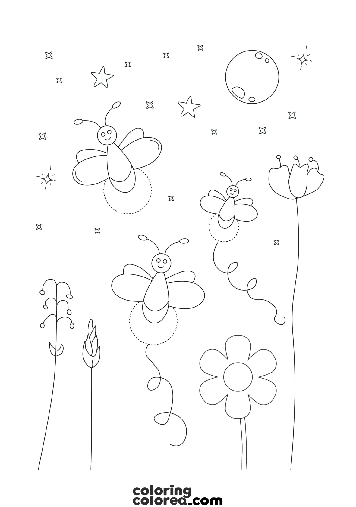 Dibujo para colorear de varias luciérnagas revoloteando en la noche