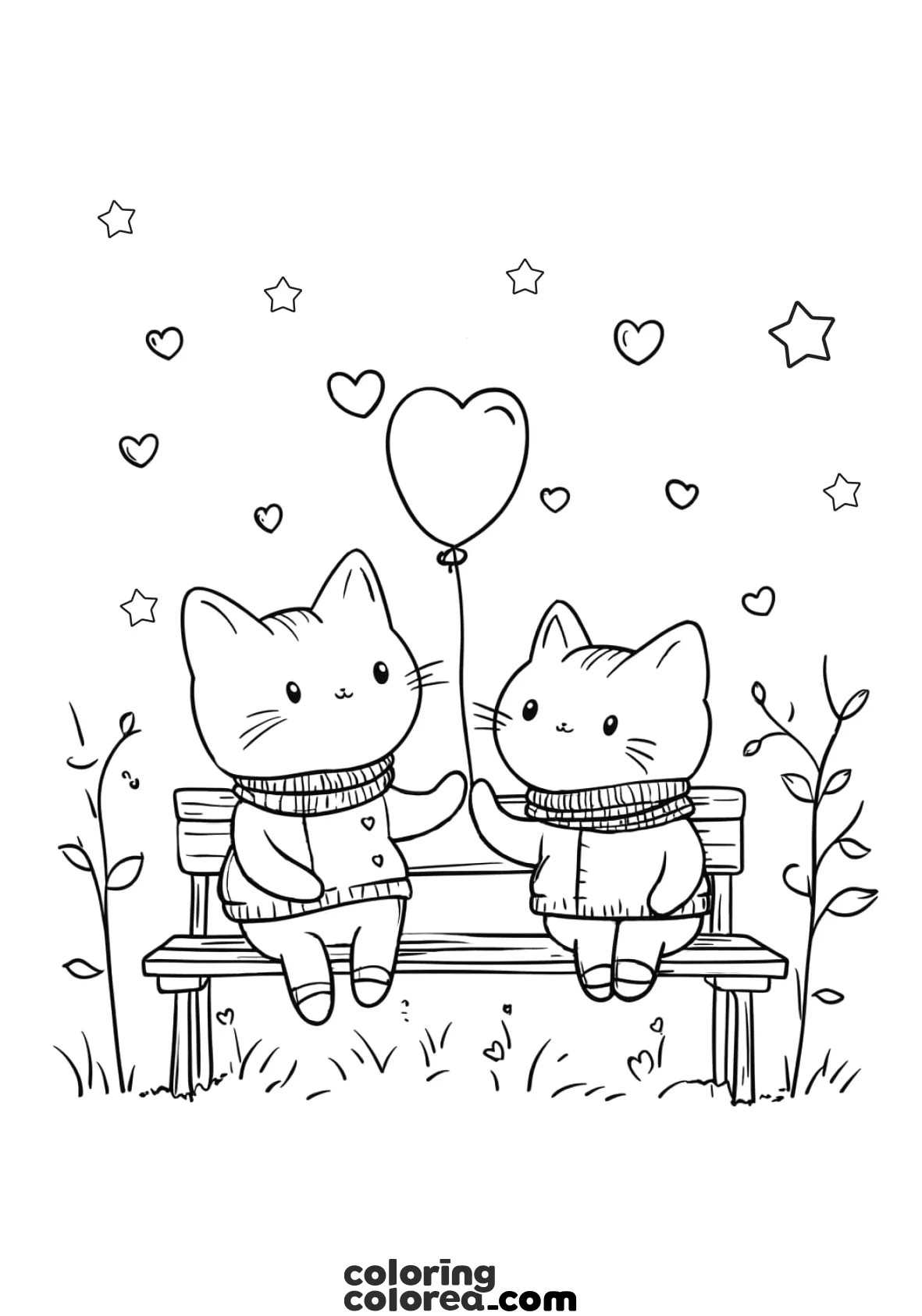 Dibujo para colorear de gatitos enamorados en San Valentin