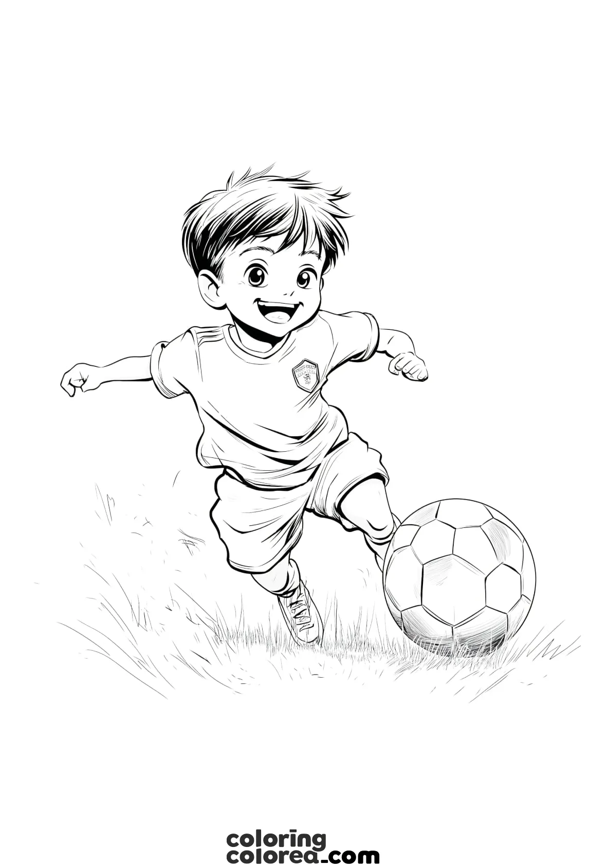 Dibujo para colorear de un niño jugando al fútbol