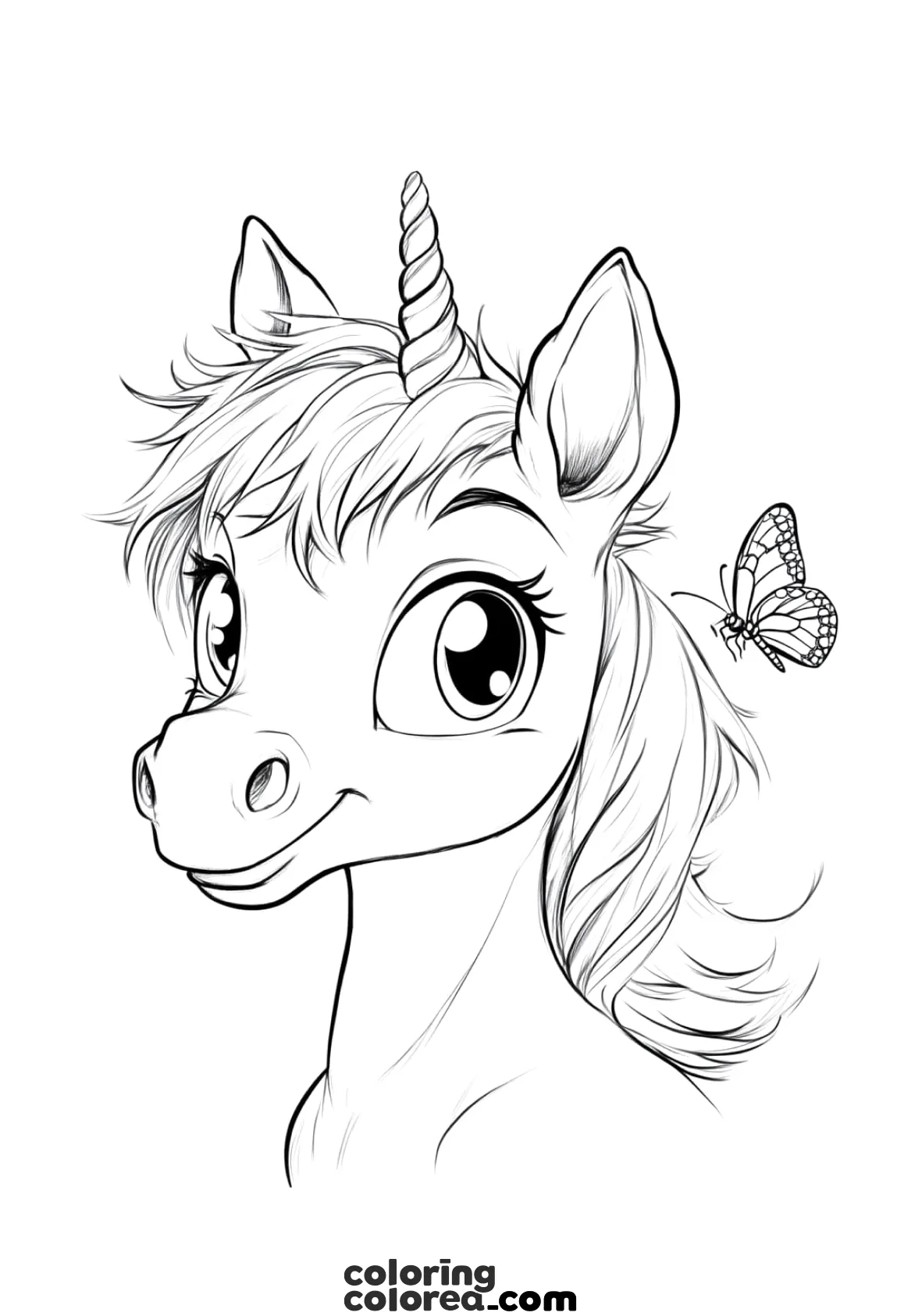 Dibujo para colorear de un retrato de un unicornio y una mariposa
