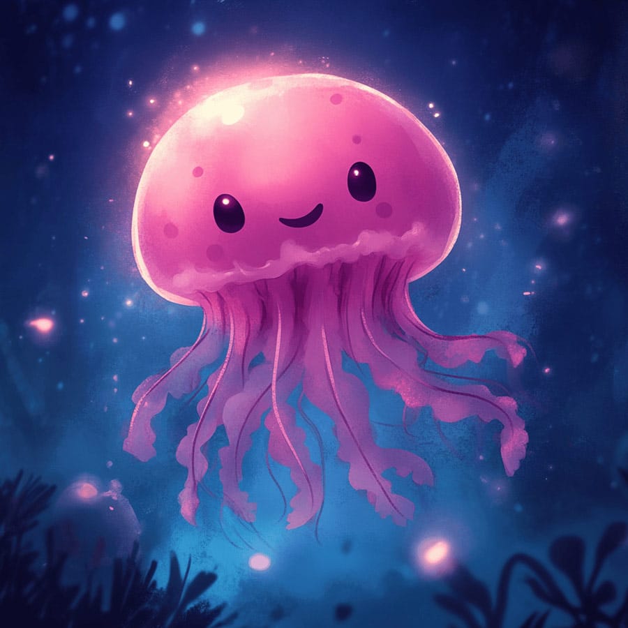 Dibujo infantil de una divertida medusa en la profunda del mar