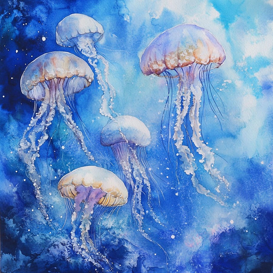 Pintura de un grupo de medusas flotando hacia la superficie