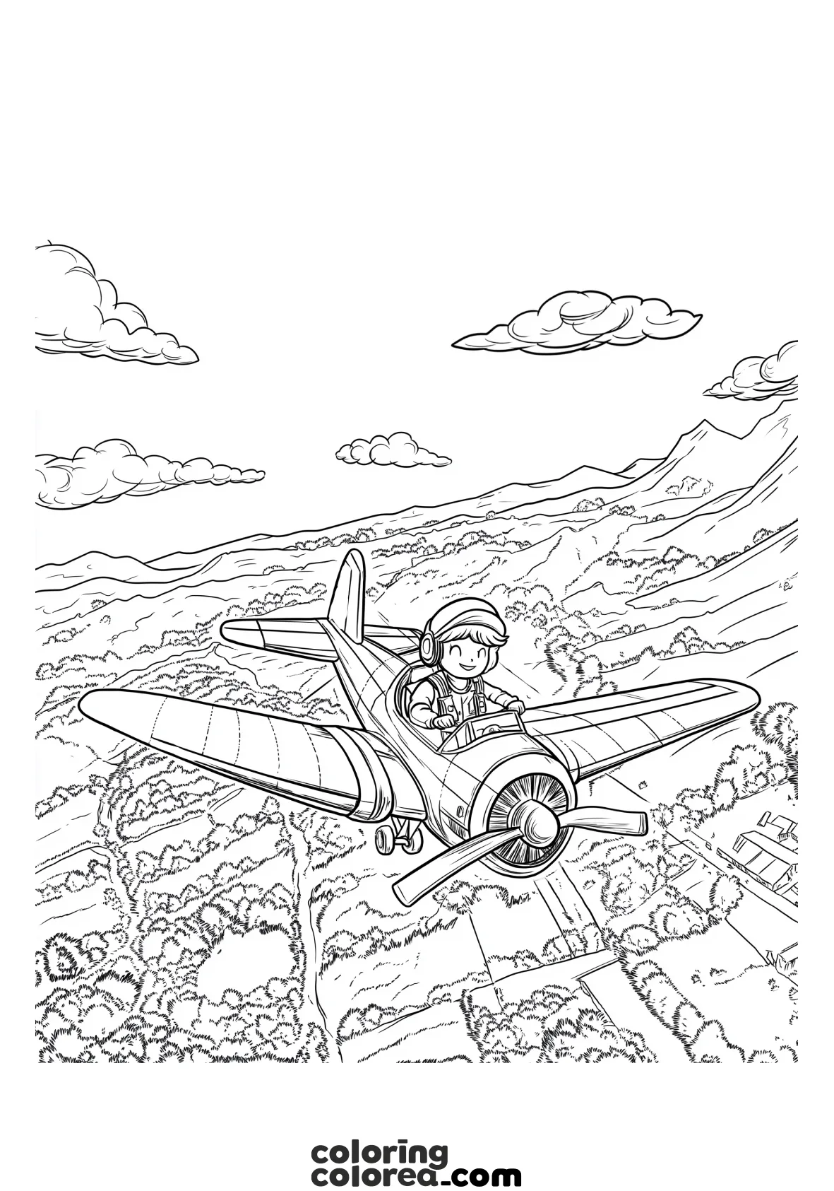Dibujo para colorear de una avioneta sobrevolando un bonito paisaje