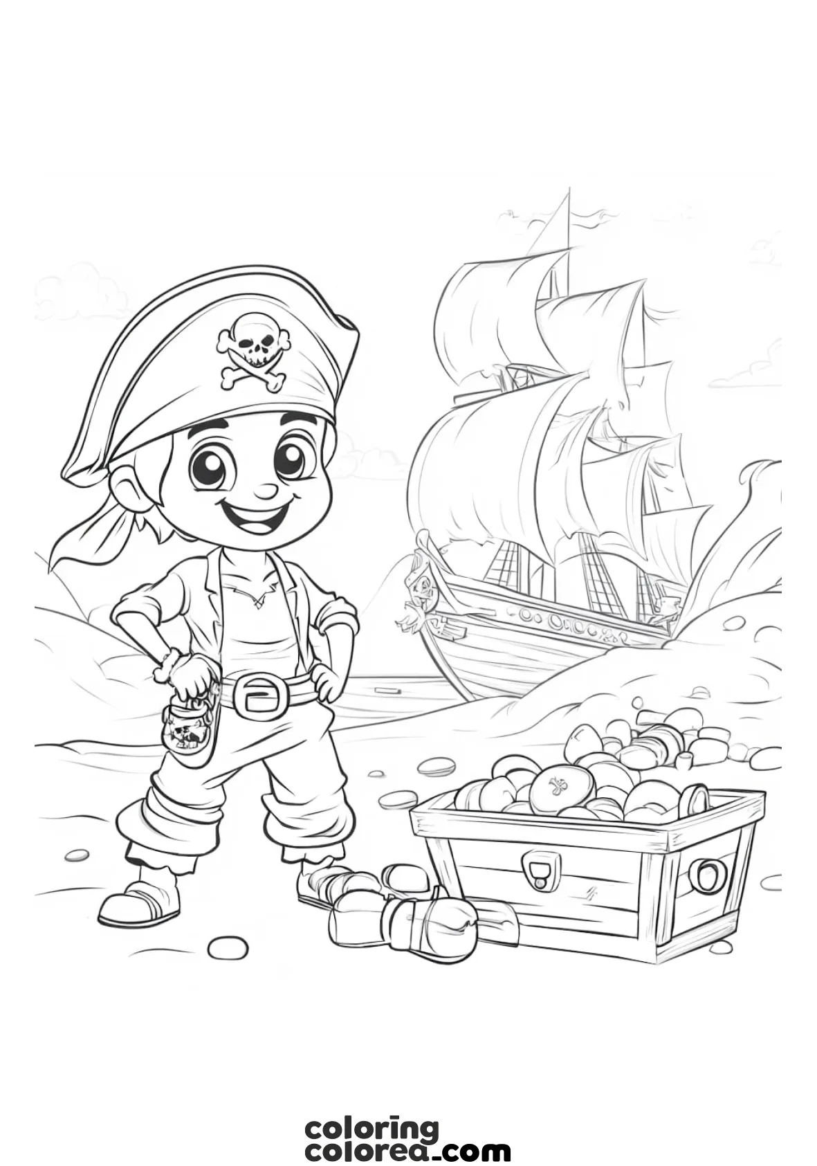 Dibujo para colorear gratis de un pirata con su tesoro