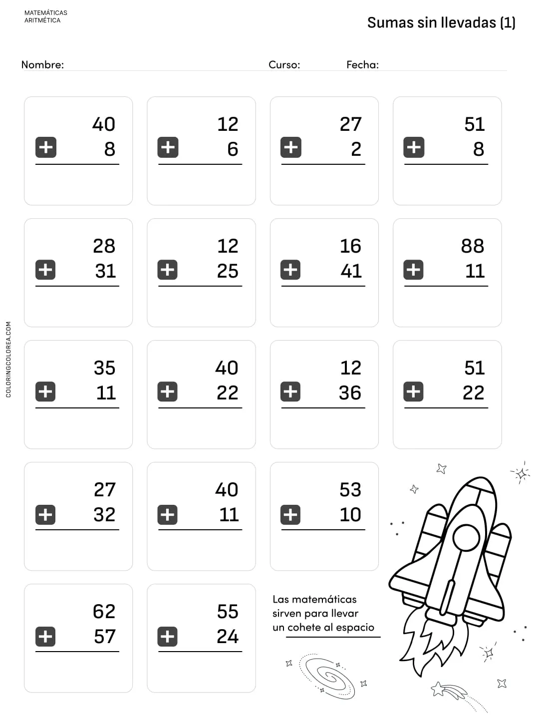 Ejercicios de matemáticas: sumas sin llevadas para niños y niñas de 6 - 8 años. Totalmente gratis