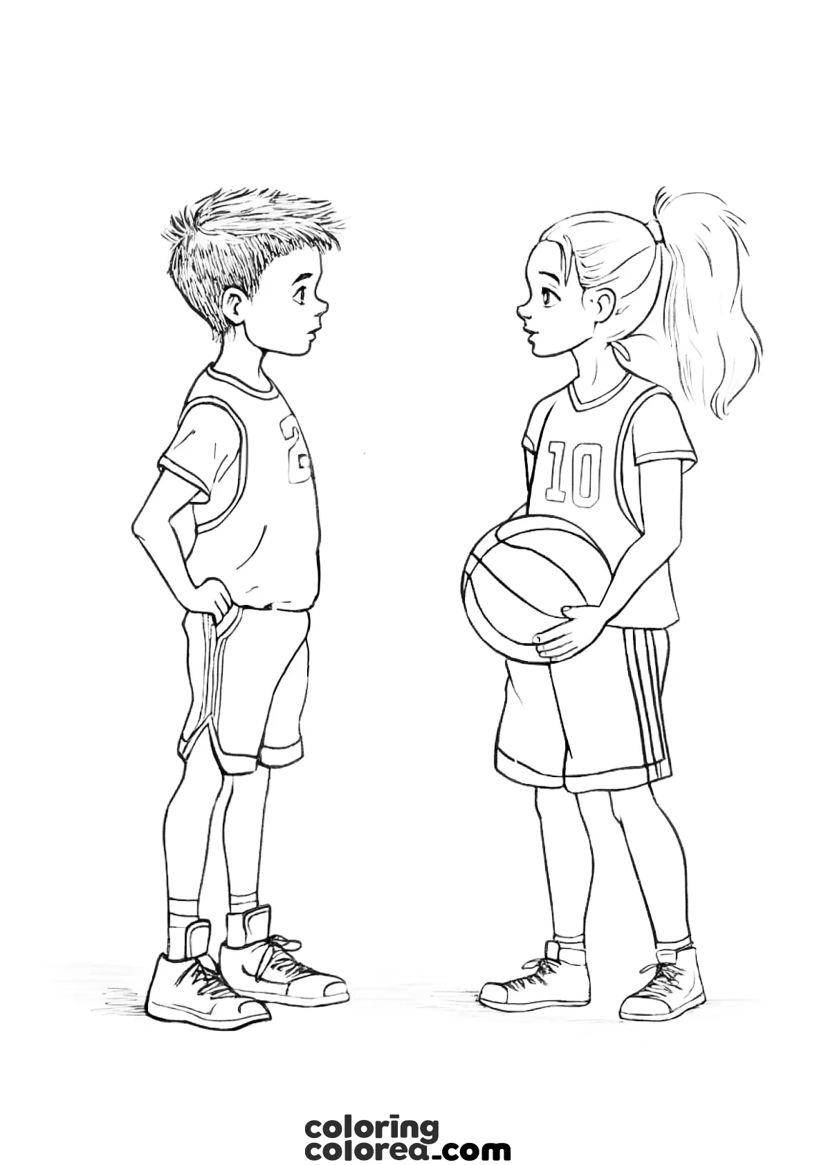 Dibujo para colorear de una niña y un niño halando de baloncesto
