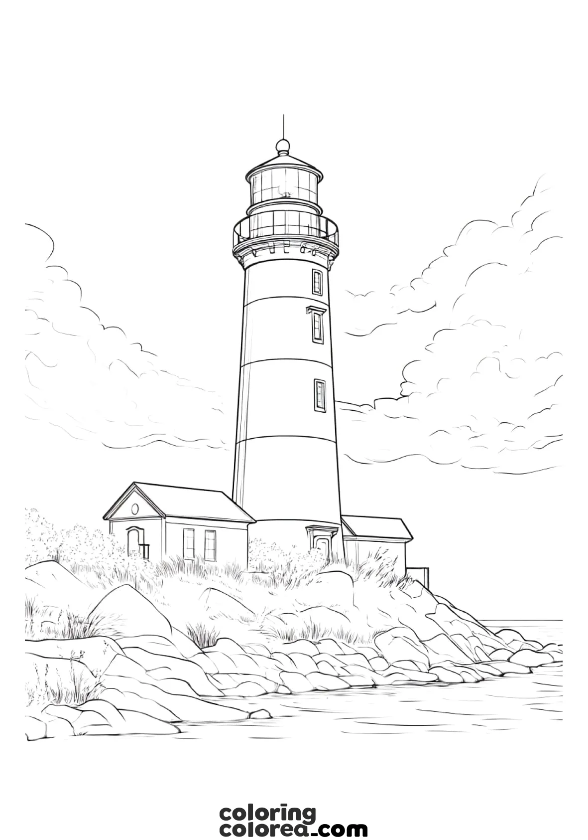 Dibujo para colorear de un típico faro a los pies del cabo