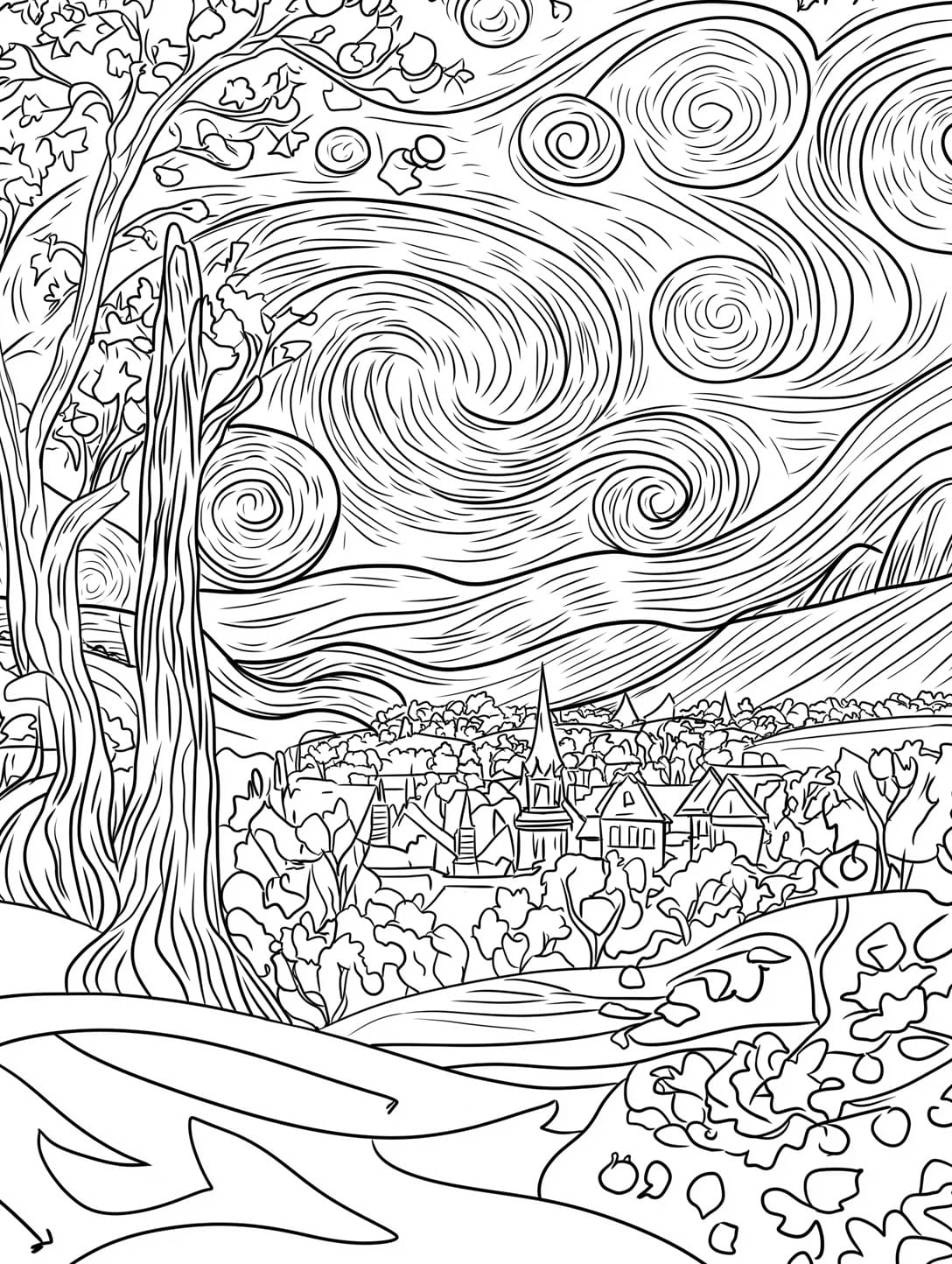 Colorea gratis La Noche Estrellada y aprende más sobre Van Gogh