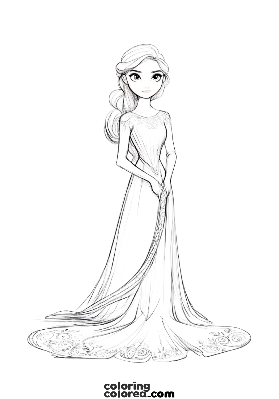 Dibujo para colorear de una hermosa princesa con un vaporoso traje de gala