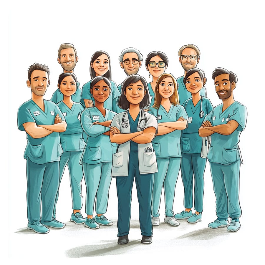 Ilustración caricatura de una gran equipo médico con muchos doctores hombres y mujeres