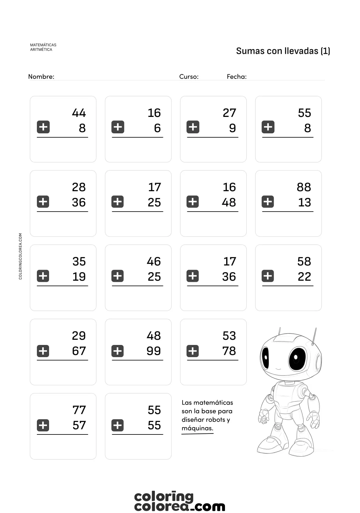 Ejercicios de matemáticas: sumas con llevadas para niños y niñas de 6 - 8 años. Totalmente gratis