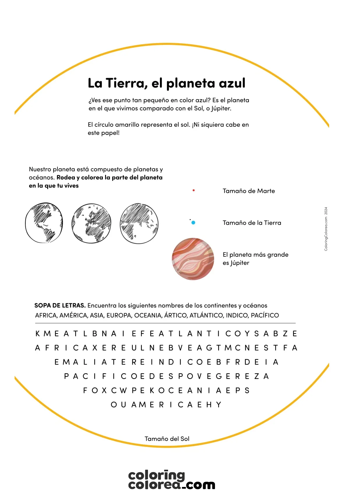 Ficha educativa gratuita del planeta Tierra - los continentes y océanos - y su tamaño respecto al sol