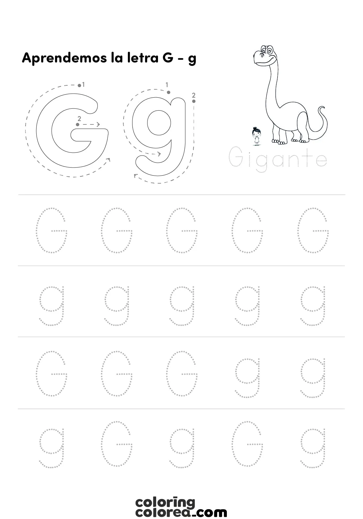 Ficha educativa. Aprendemos a trazar la letra G mayúscula y g minúscula.