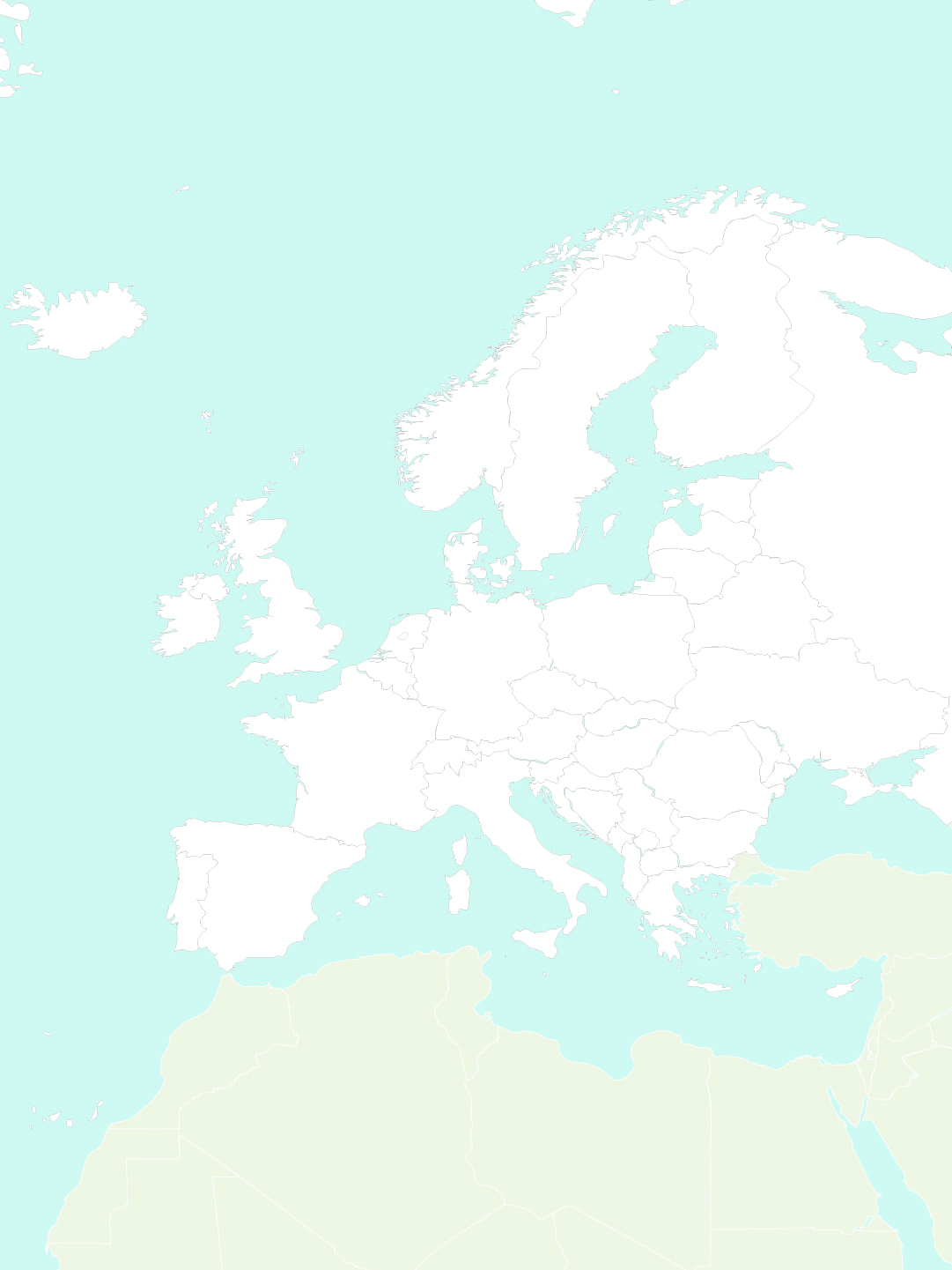 Mapa político de Europa con fronteras pero sin nombres de países. Recursos gratuito