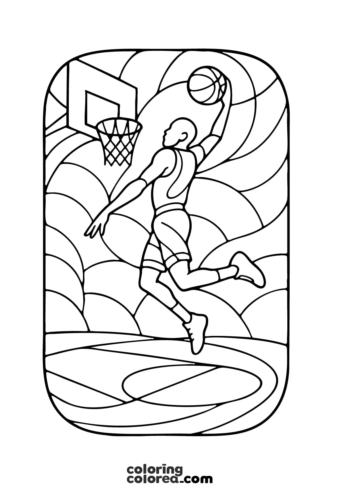 Dibujo para colorear de un jugador de baloncesto haciendo un mate
