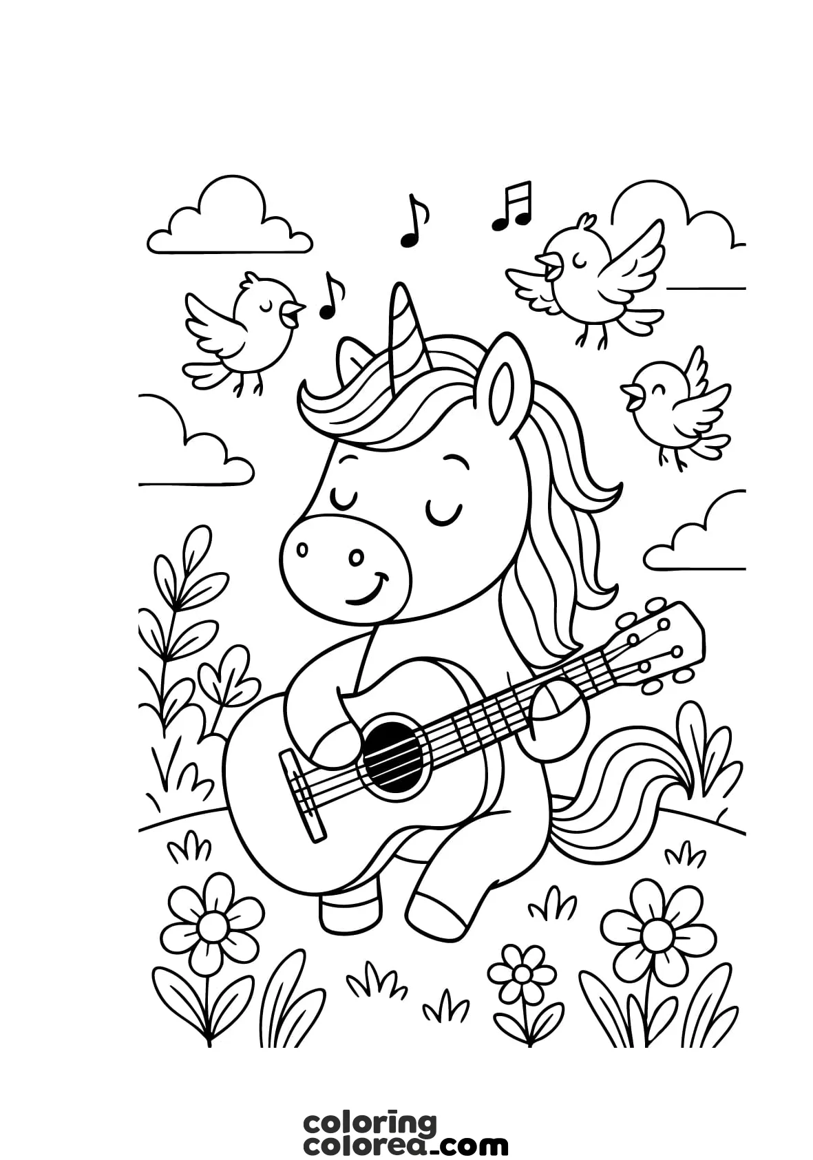 Dibujo para colorear de un unicornio tocando la guitarra en el campo