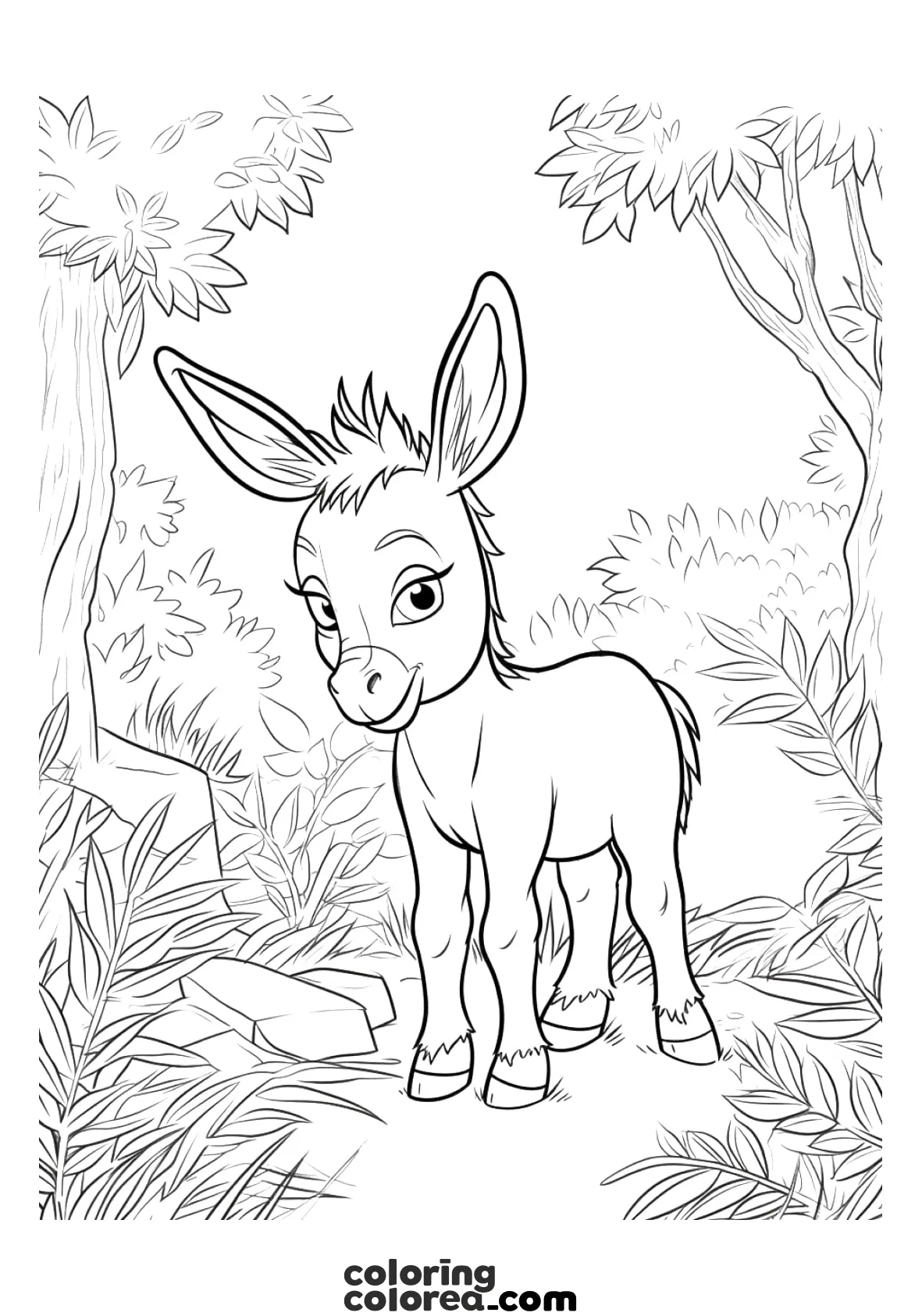 Dibujo para colorear de un simpático asno rodeado de vegetación