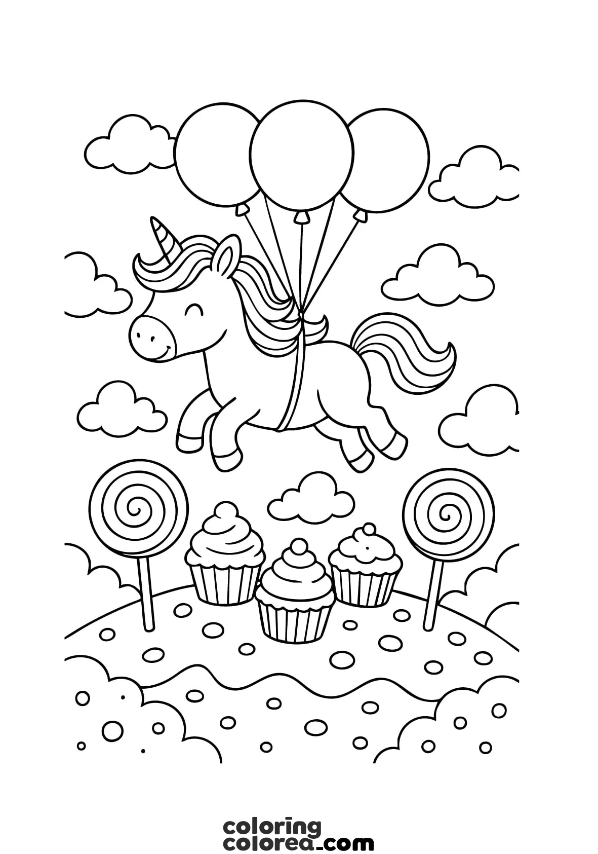 Dibujo para colorear de un unicornio volando atado a muchos colores sobre ciudad pastel